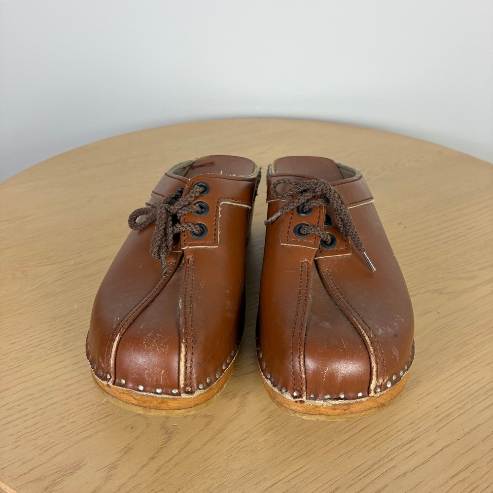 Bastad-Original Brown Leather Wooden Clogs Boho Retro Lace Up Mules Women's 37 - Picture 2 of 8